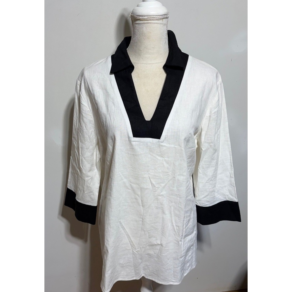 Anne Klein Womens XL White Linen Tunic Blouse Black Contrast Trim 3/4 Sleeve